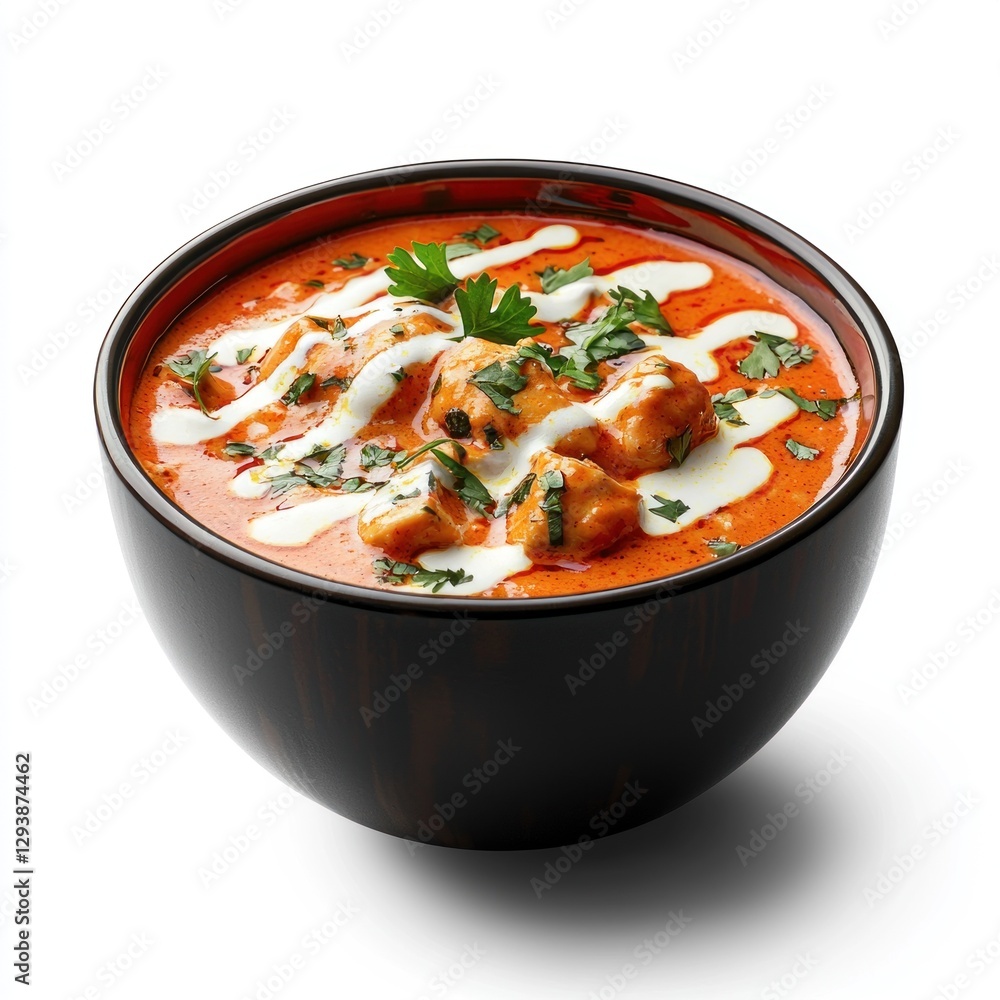 A vibrant bowl of Indian butter chicken curry, topped with a drizzle of cream and garnished with cilantro A vibrant bowl of Indian butter chicken curry, topped with a drizzle of cream and garnished with cilantro