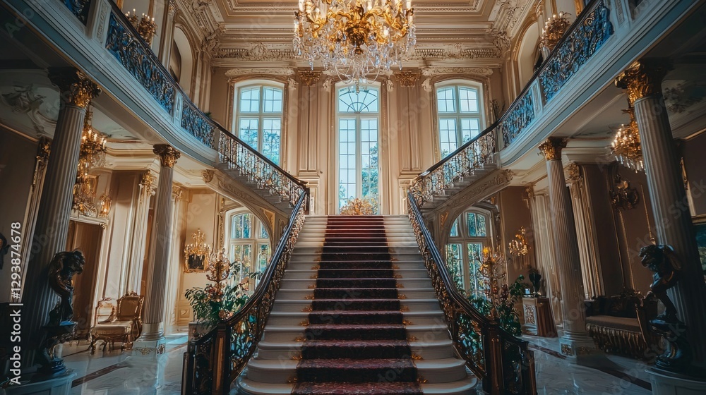 Fototapeta premium Elegant Grand Staircase in Luxurious Palace Interior Design