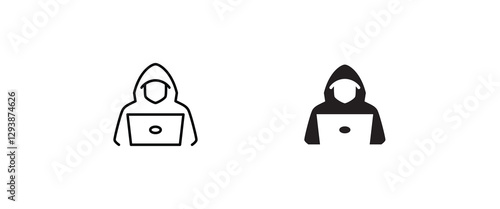 Computer hacker with laptop icon, Spy agent searching sign, symbol, logo, illustration, editable stroke, flat design style isolated on white