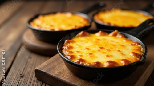 Wallpaper Mural Golden Crust Baked Cheese in Individual Cast Iron Skillets on Wooden Board Torontodigital.ca