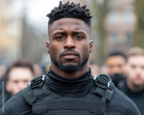 Serious Black Man in Tactical Gear Outdoors Crowd Background Portrait