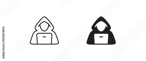 Computer hacker with laptop icon, Spy agent searching sign, symbol, logo, illustration, editable stroke, flat design style isolated on white