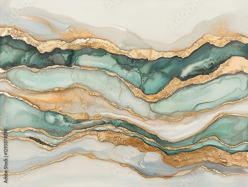 Wallpaper Mural A vibrant watercolor landscape, where abstract swirls of emerald green and shimmering gold paint flowed and intertwined, creating a sense of organic movement and tranquility.  Torontodigital.ca