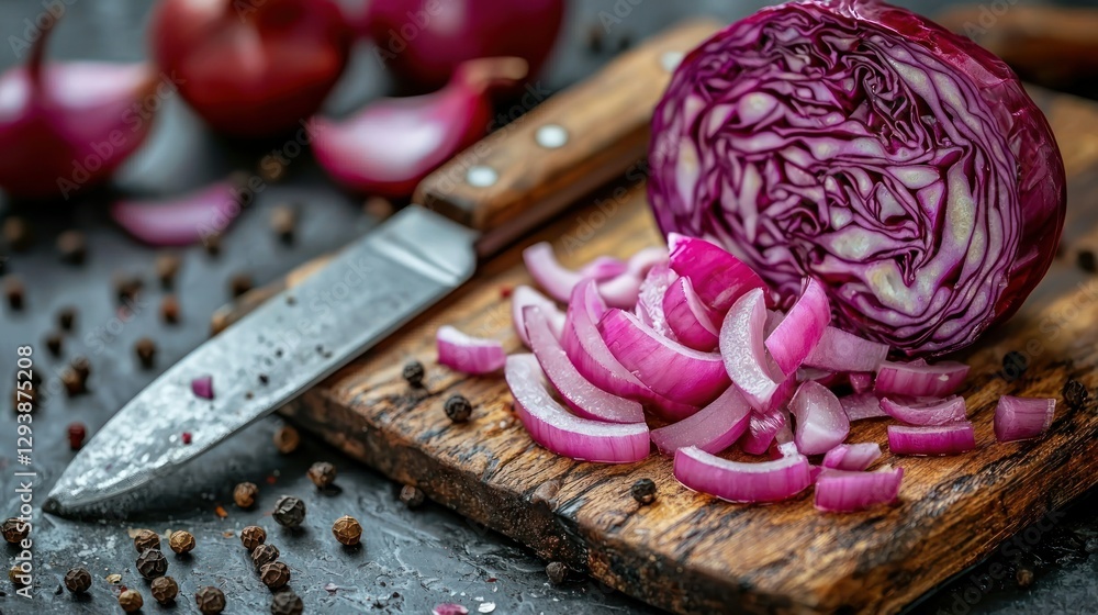 Sliced red cabbage and onion on rustic cutting board Sliced red cabbage and onion on rustic cutting board