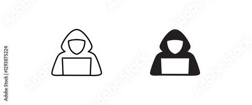 Computer hacker with laptop icon, Spy agent searching sign, symbol, logo, illustration, editable stroke, flat design style isolated on white
