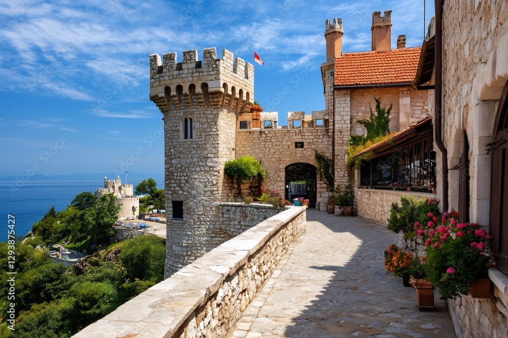 Obraz premium Duino castle overlooking the sistiana bay on sunny summer day