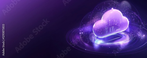 A digital cloud icon surrounded by glowing elements and a vibrant purple background, symbolizing technology and data storage.