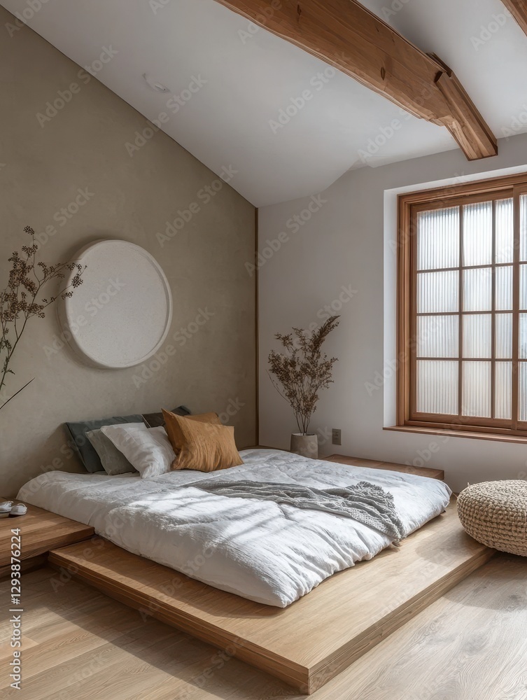 Fototapeta premium A minimalist bedroom with wooden platforms and natural light