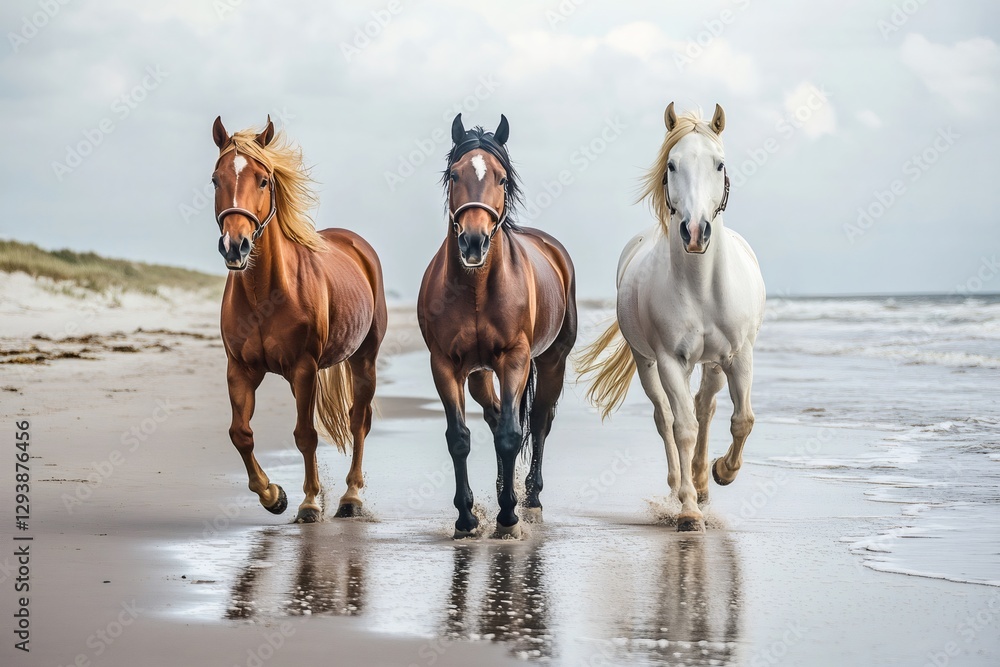 Three horses running on the beach, freedom and elegance Three horses running on the beach, freedom and elegance