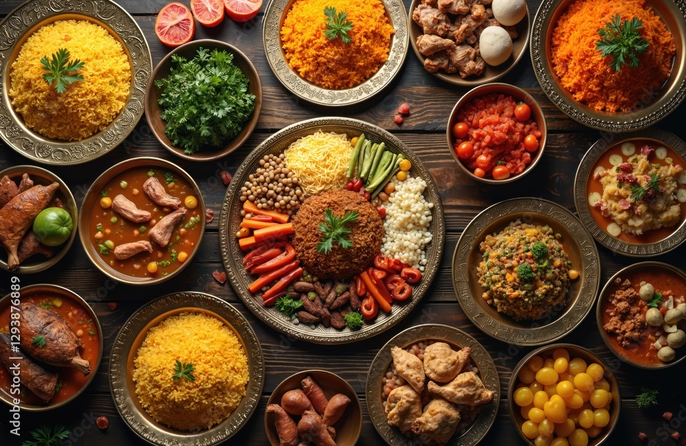 Overhead shot of rich Middle Eastern food. Arabian cuisine with meat, rice dishes. Traditional oriental lunch or dinner with vegetable salad, stew, spicy chicken, lamb meat, beef. Ramadan feast. Overhead shot of rich Middle Eastern food. Arabian cuisine with meat, rice dishes. Traditional oriental lunch or dinner with vegetable salad, stew, spicy chicken, lamb meat, beef. Ramadan feast.