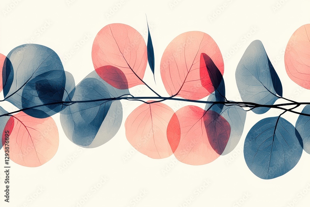 Fototapeta premium A watercolor illustration captures a eucalyptus branch, its delicate leaves rendered with vibrant hues, bathed in the soft glow of the midday sun. 