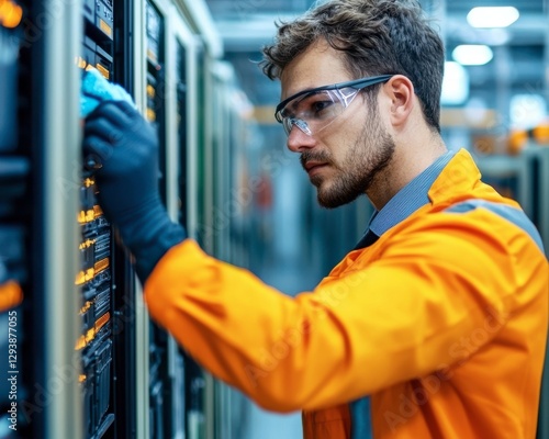 Technician Maintaining Server Racks Cleaning Data Center Equipment Wearing Safety Glasses