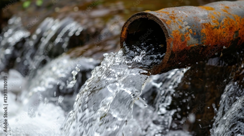 Rusty industrial pipe leaking toxic waste into river, illustrating global water pollution crisis Rusty industrial pipe leaking toxic waste into river, illustrating global water pollution crisis