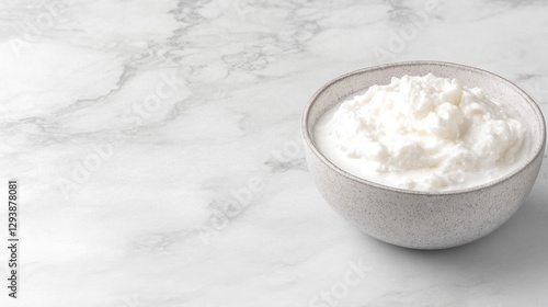 Creamy yogurt in a bowl on a marble countertop