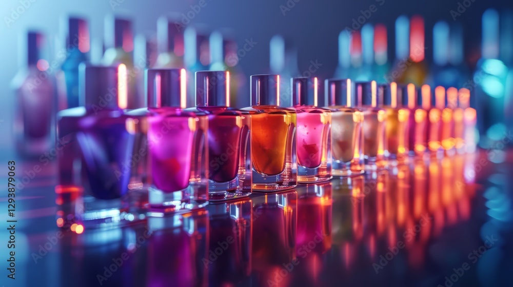 A series of nail polish bottles arranged in a straight line, featuring an array of colors from vibrant pinks to deep purples, illuminated by soft lighting that creates a colorful ambiance A series of nail polish bottles arranged in a straight line, featuring an array of colors from vibrant pinks to deep purples, illuminated by soft lighting that creates a colorful ambiance