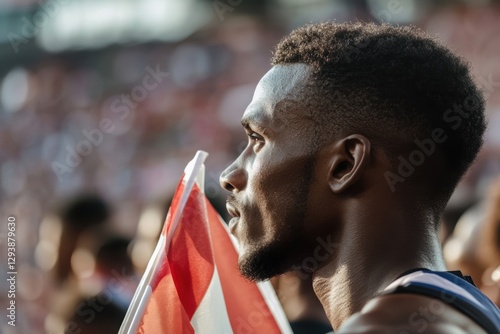 An athlete holding a flag at a competition â€“ for example, at the Olympic Games.  photo