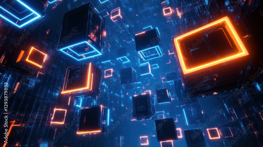 Fototapeta premium Futuristic glowing cubes in a digital space, possible use tech background