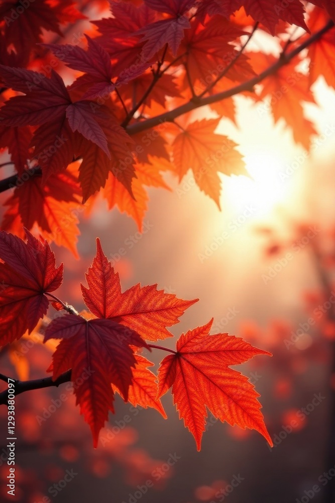 Sunlit canopy of amber and scarlet leaves, crisp air, orange, bright, red Sunlit canopy of amber and scarlet leaves, crisp air, orange, bright, red