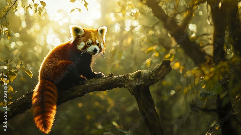Fototapeta premium Red Panda Sitting on Tree Branch Surrounded by Lush Green Foliage