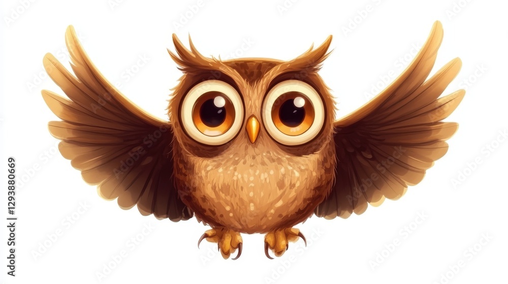Fototapeta premium Majestic brown owl mid-flight; wings spread wide. Head turns leftward, eyes piercing through twilight haze, embodying silent grace and mystery in a serene forest backdrop