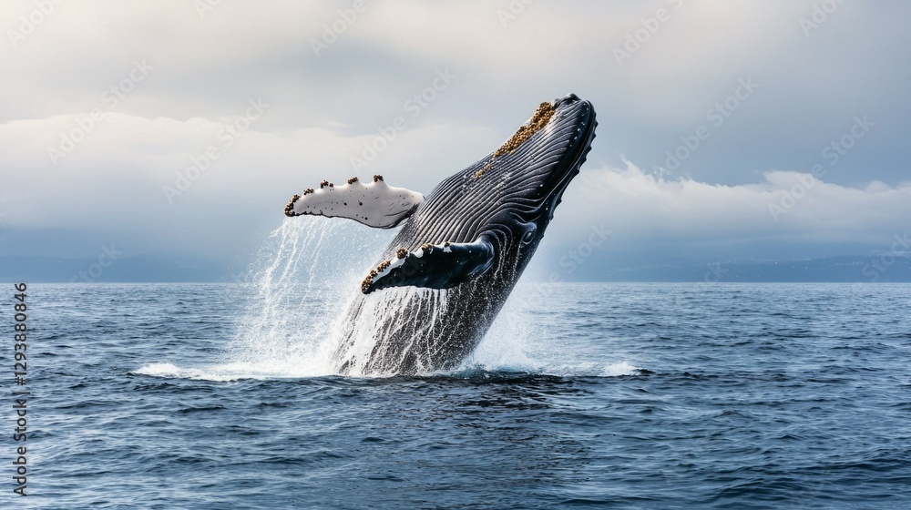 Fototapeta premium Majestic Humpback Whale Breaching Gracefully in Ocean Waters