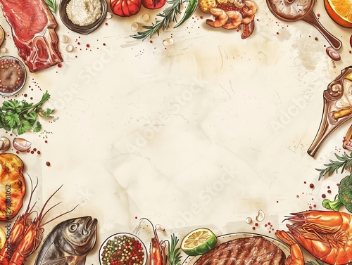 Hand drawn food illustrations, steaks, ribs, grilled vegetables, seafood platters, grey background with decorative elements in the corners of the frame, flat illustration style
