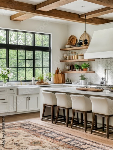 Modern kitchen featuring a window with a pleasant view