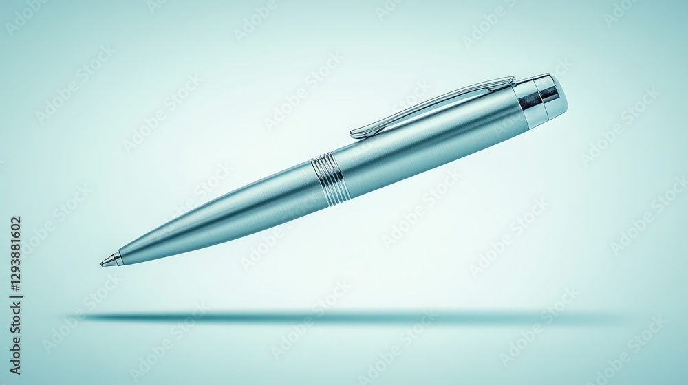 Silver Pen Floating in Mid Air with Subtle Shadow on Smooth Gradient Silver Pen Floating in Mid Air with Subtle Shadow on Smooth Gradient