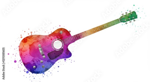 Colorful watercolor illustration of an acoustic guitar with splashes of vibrant paint in the background - 