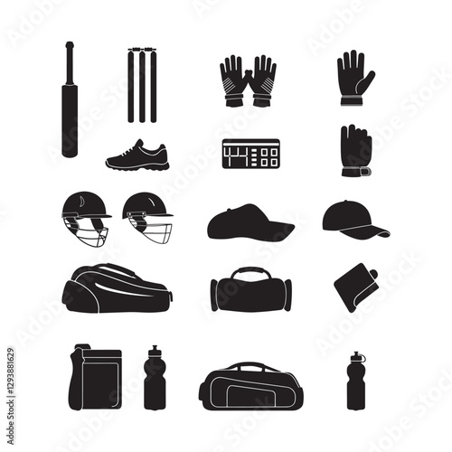 cricket sports equipment vector icon set flat design element illustrations 
