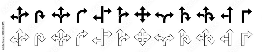 Vector isolated Way Direction icon set in black outline and fill Vector isolated Way Direction icon set in black outline and fill
