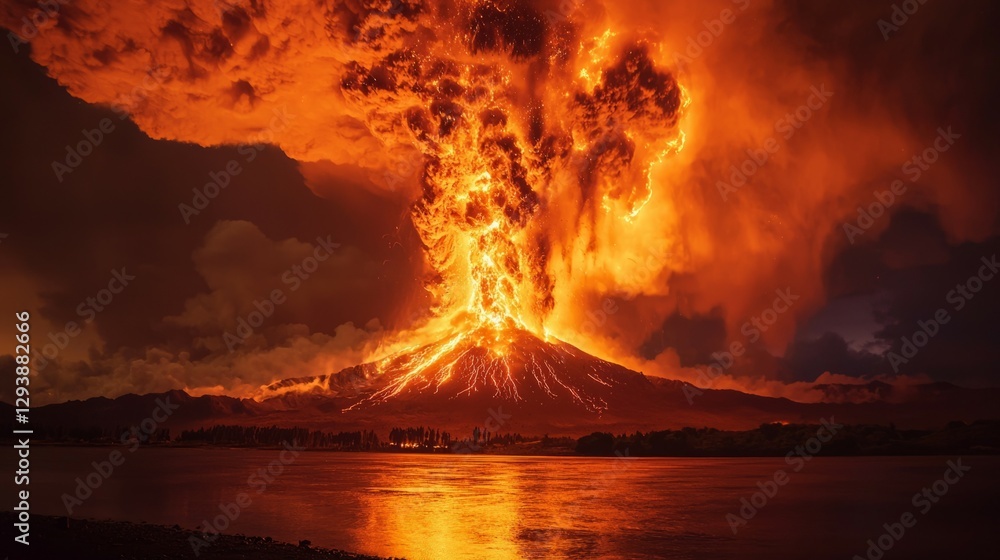 Fototapeta premium Dramatic Eruption of Volcanic Mountain during Night with Lava Flow