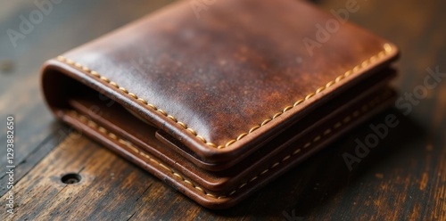 Weathered brown leather wallet, visible stitching Close-up detail , stitching, craft, product