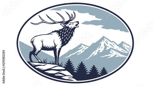 Composition of a circle an with elk staying on the top of the mountain