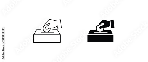 Donation icon, hand putting coin in the box, Money box, Charity  symbol logo illustration,editable stroke, flat design style isolated on white