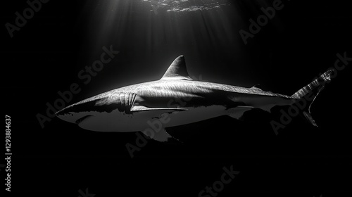 Wallpaper Mural Dramatic Black and White Portrait of a Great White Shark Swimming in Dark Ocean Waters with Sun Rays Torontodigital.ca