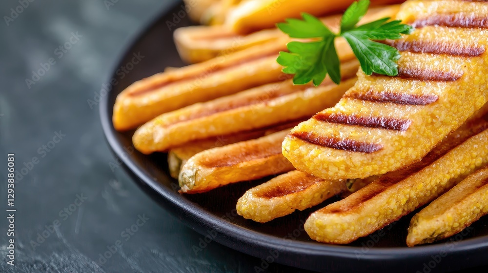 Grilled Cornmeal Zucchini Fries on Dark Plate Grilled Cornmeal Zucchini Fries on Dark Plate