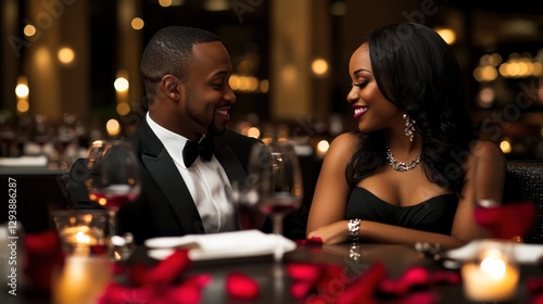 A couple enjoys a romantic candlelit dinner with rose petals and wine glasses on the table