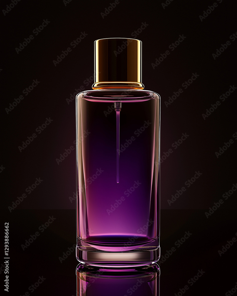 Elegante Parfümflasche mit violetter Flüssigkeit auf schwarzem Hintergrund, minimalistisches Produktfoto im Low-Key-Stil mit goldener Verschlusskappe Elegante Parfümflasche mit violetter Flüssigkeit auf schwarzem Hintergrund, minimalistisches Produktfoto im Low-Key-Stil mit goldener Verschlusskappe