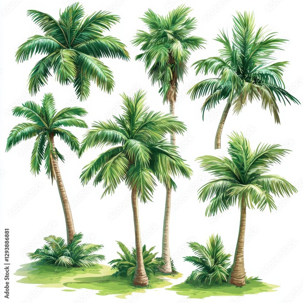 Obraz premium Lush tropical palm trees illustration on white background evoking relaxation and vacation vibes for design projects and summer themes