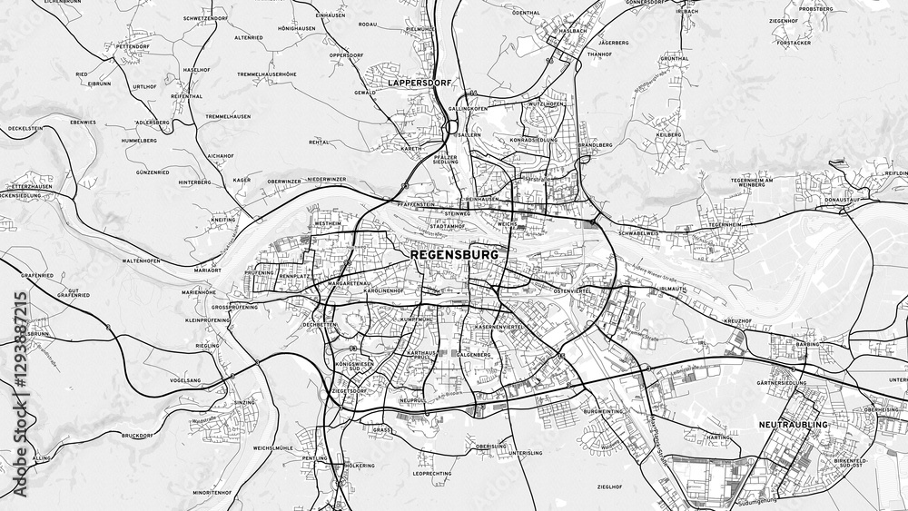 Naklejka premium Minimalist Regensburg Street Map with Labels and Neighborhoods