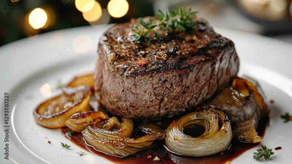 Close up of a juicy beef fillet with a red wine sauce and cooked onions on a white plate, generative AI Close up of a juicy beef fillet with a red wine sauce and cooked onions on a white plate, generative AI