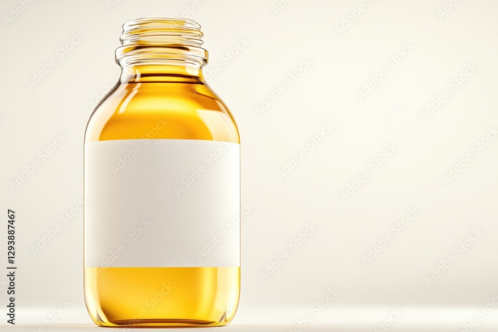 Glass bottle filled with golden liquid, blank label inviting cus Glass bottle filled with golden liquid, blank label inviting cus