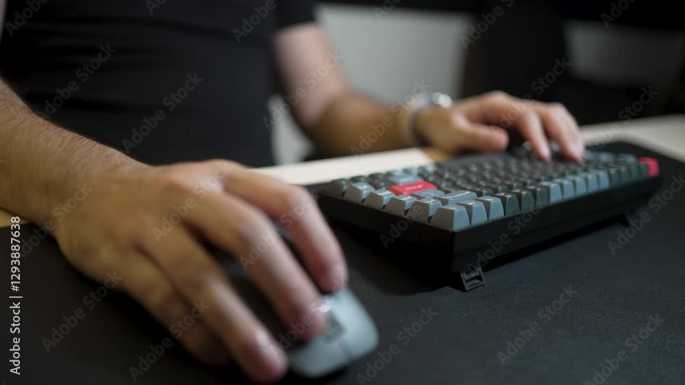 A focused man works on a computer in a soundproof studio. He is sitting in a black office chair, typing on a keyboard while looking at a monitor, close-up
