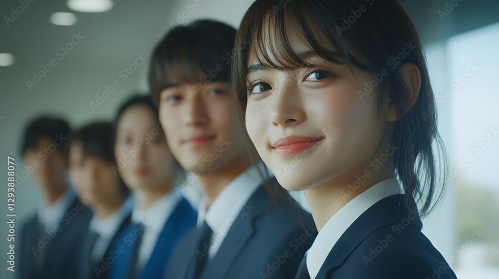 A group of young business people standing in line, side view A group of young business people standing in line, side view