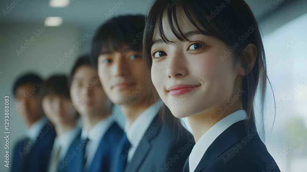A group of young business people standing in line, side view A group of young business people standing in line, side view
