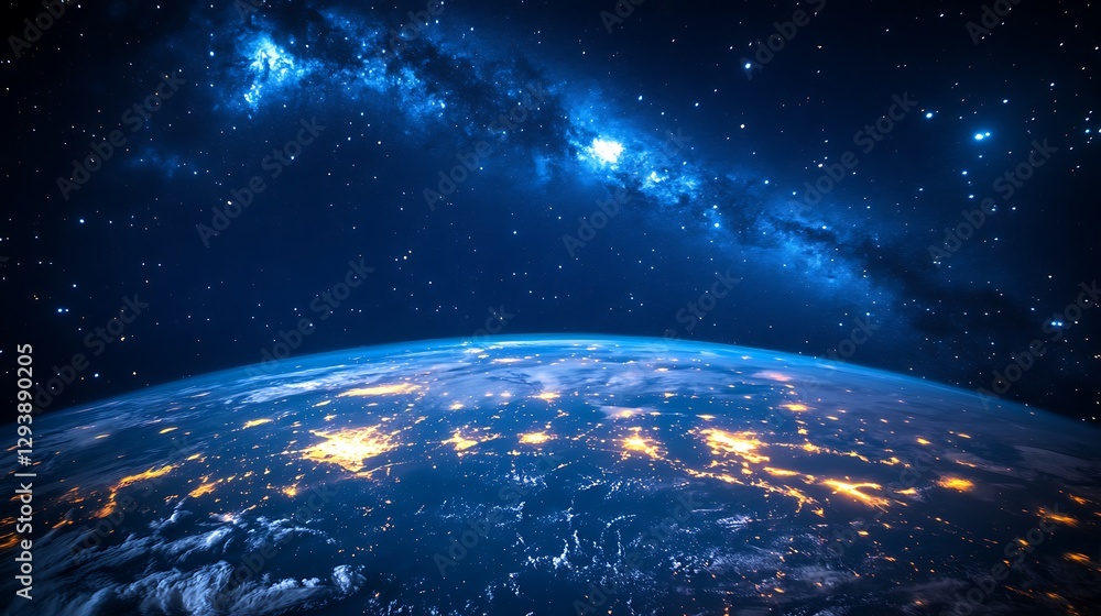 Obraz premium Earth Sunrise from Space with Golden Horizon, A stunning view of Earth from space with a sunrise casting golden light over the horizon, illuminating clouds and the atmosphere