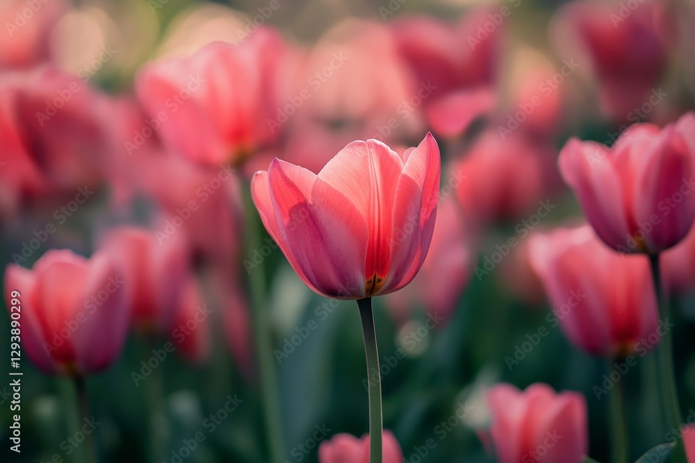 Sunlight Illuminating a Pink Tulip in a Lush Garden Setting Sunlight Illuminating a Pink Tulip in a Lush Garden Setting