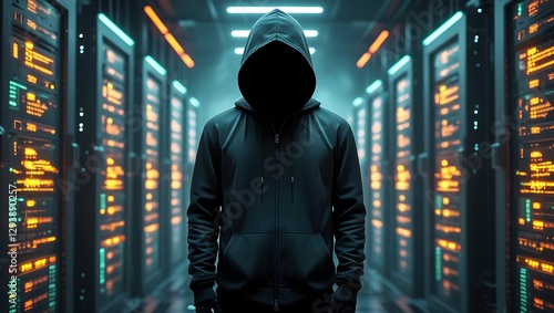 Anonymous Hacker in a Dark Server Room with yellow neon light – Cybersecurity Threat, Data Breach, and Digital Espionage – Hooded Figure with Backpack Amidst Glowing Code and Cyber Networks