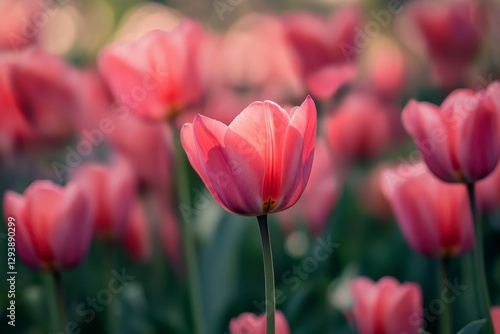 Sunlight Illuminating a Pink Tulip in a Lush Garden Setting